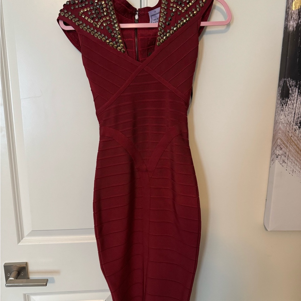 Authentic New Never Used Herve Leger Burgundy Studded Mini Dress